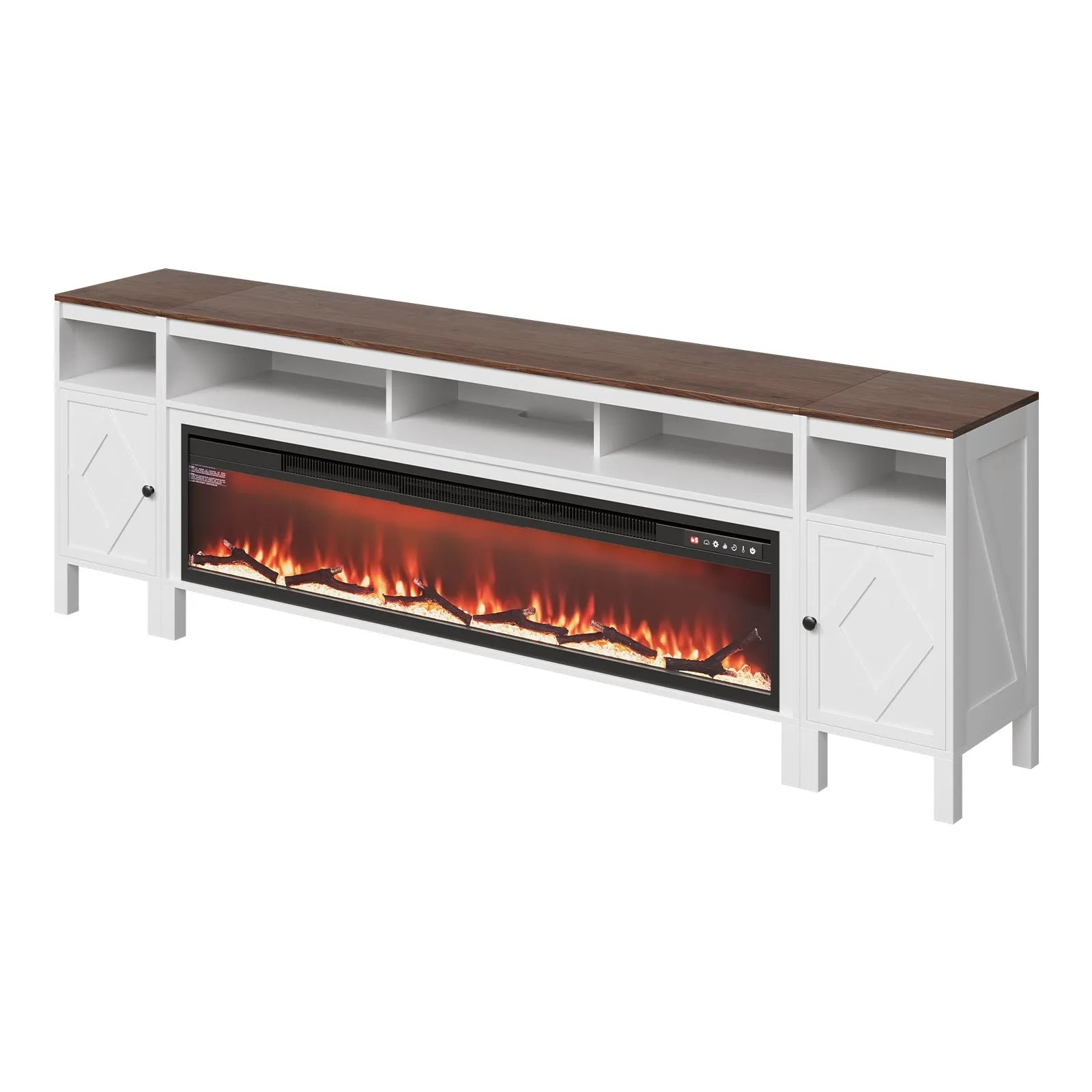 Farmhouse Fireplace TV Stand – 90" Entertainment Center with 60" Electric Fireplace – Fits TVs up to 100" – White