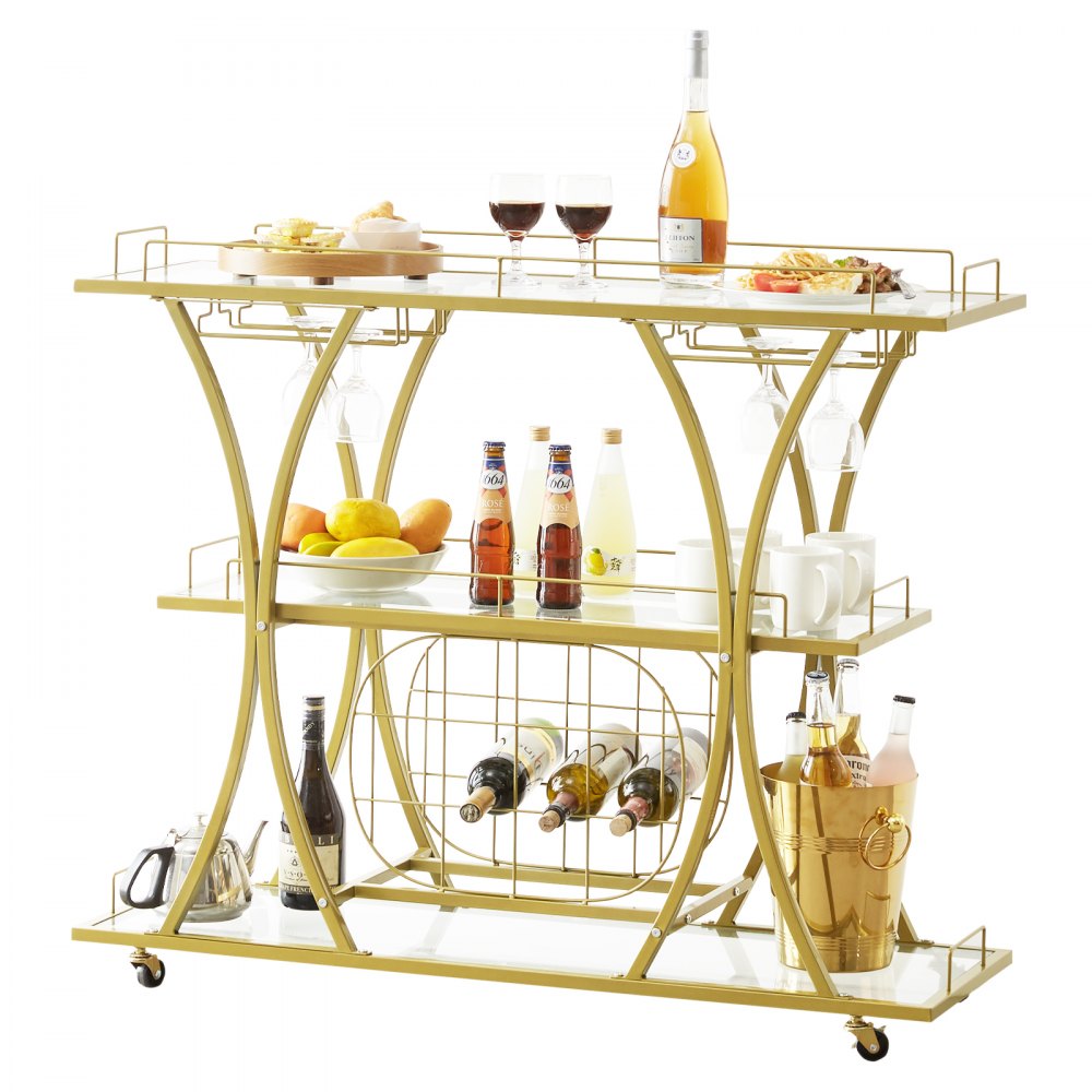 VEVOR 3 Tiers Gold Metal Bar Serving Cart with Wine Rack Glass Holder 180 LBS