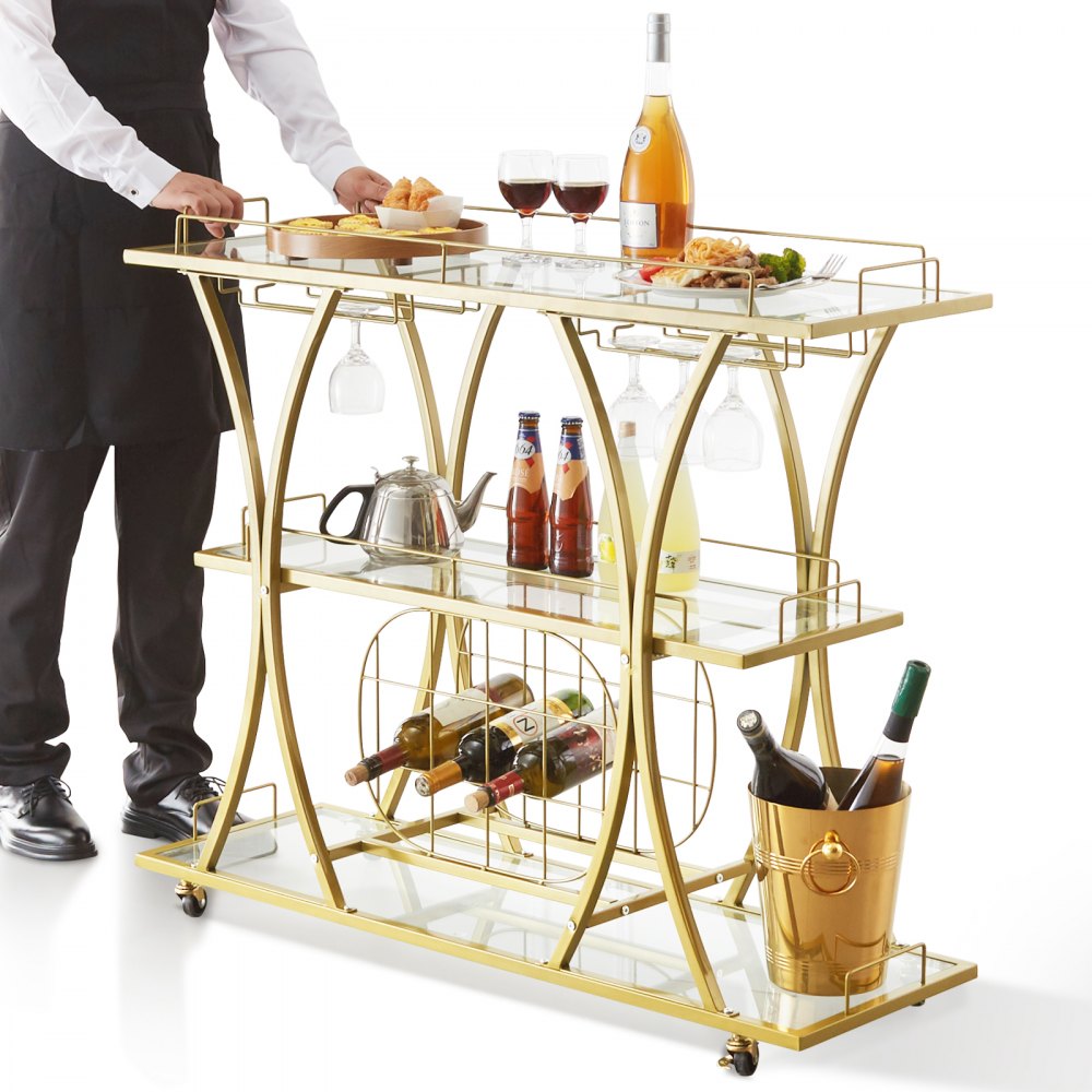 VEVOR 3 Tiers Gold Metal Bar Serving Cart with Wine Rack Glass Holder 180 LBS