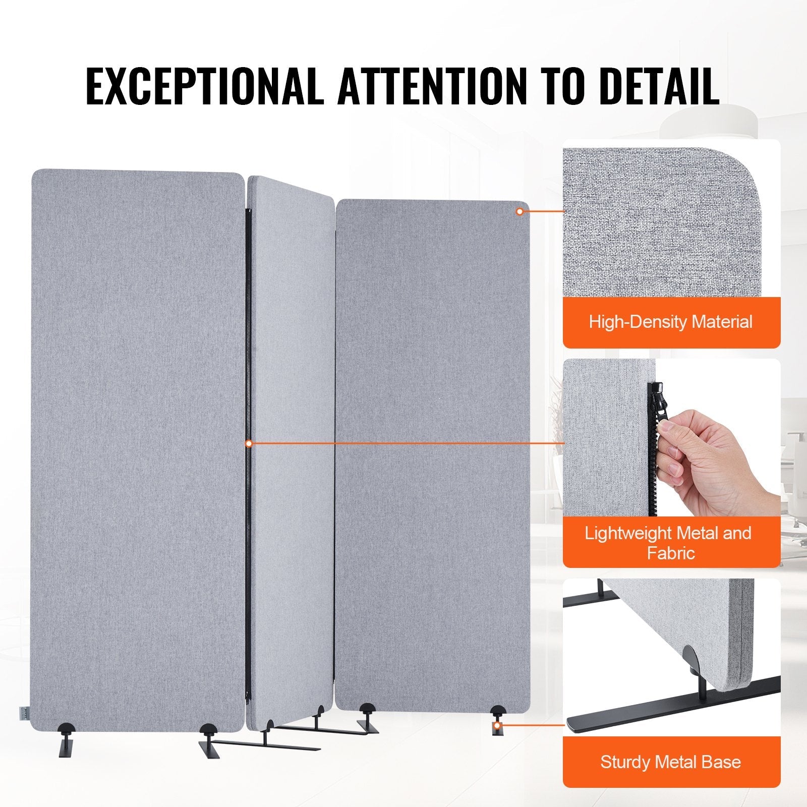 VEVOR 2FT Room Divider 3 Panels PET Polyester Soundproof Privacy Screen Grey