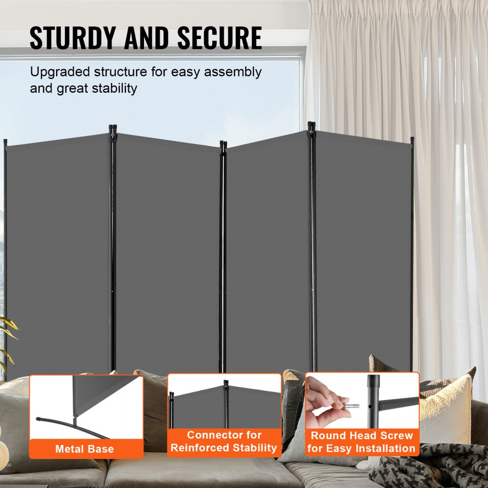 VEVOR Room Divider 4 Panels Fabric Room Privacy Screen for Office Bedroom Grey