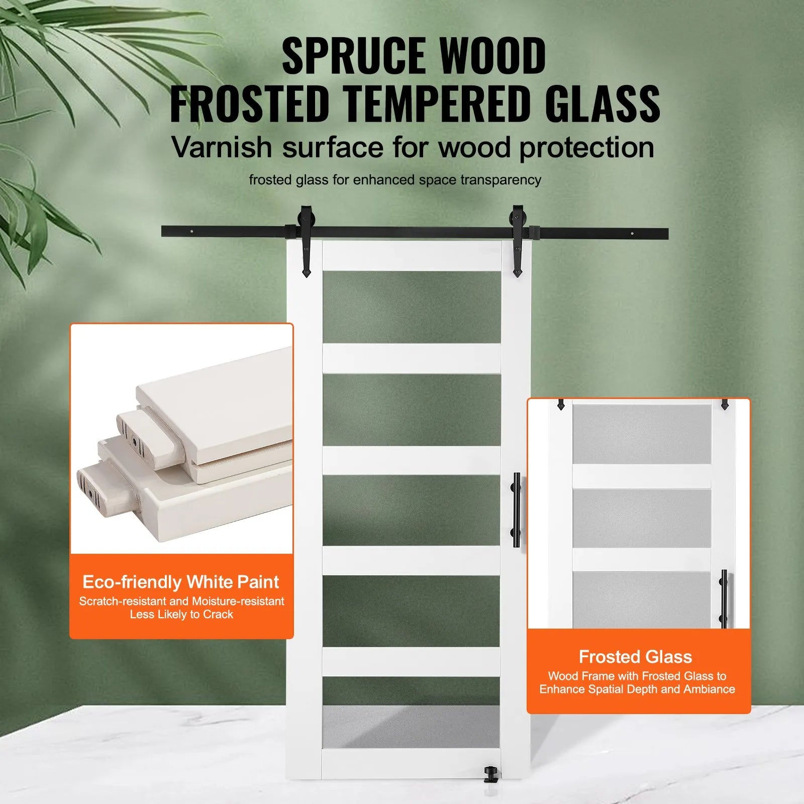 VEVOR Barn Door and Hardware Kit, 42" x 84" Wood and Glass Sliding Barn Door, Smoothly and Quietly, Barn Door Kit with 8-in-1 Floor Guide and Door Handle, Spruce Wood Slab and Frosted Glass