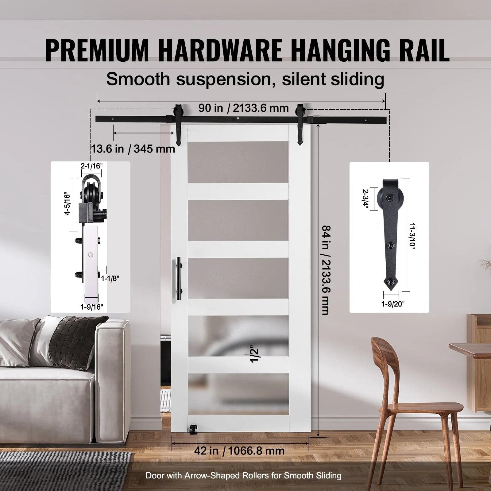 VEVOR Barn Door and Hardware Kit, 42" x 84" Wood and Glass Sliding Barn Door, Smoothly and Quietly, Barn Door Kit with 8-in-1 Floor Guide and Door Handle, Spruce Wood Slab and Frosted Glass
