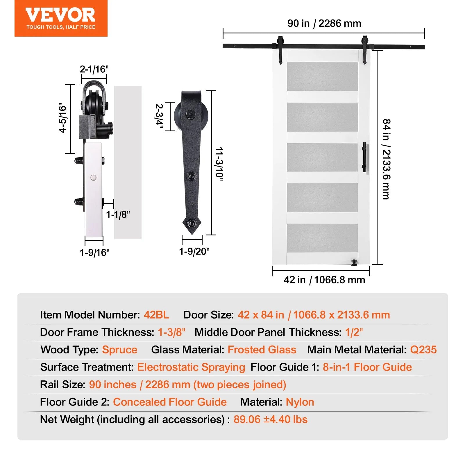 VEVOR Barn Door and Hardware Kit, 42" x 84" Wood and Glass Sliding Barn Door, Smoothly and Quietly, Barn Door Kit with 8-in-1 Floor Guide and Door Handle, Spruce Wood Slab and Frosted Glass
