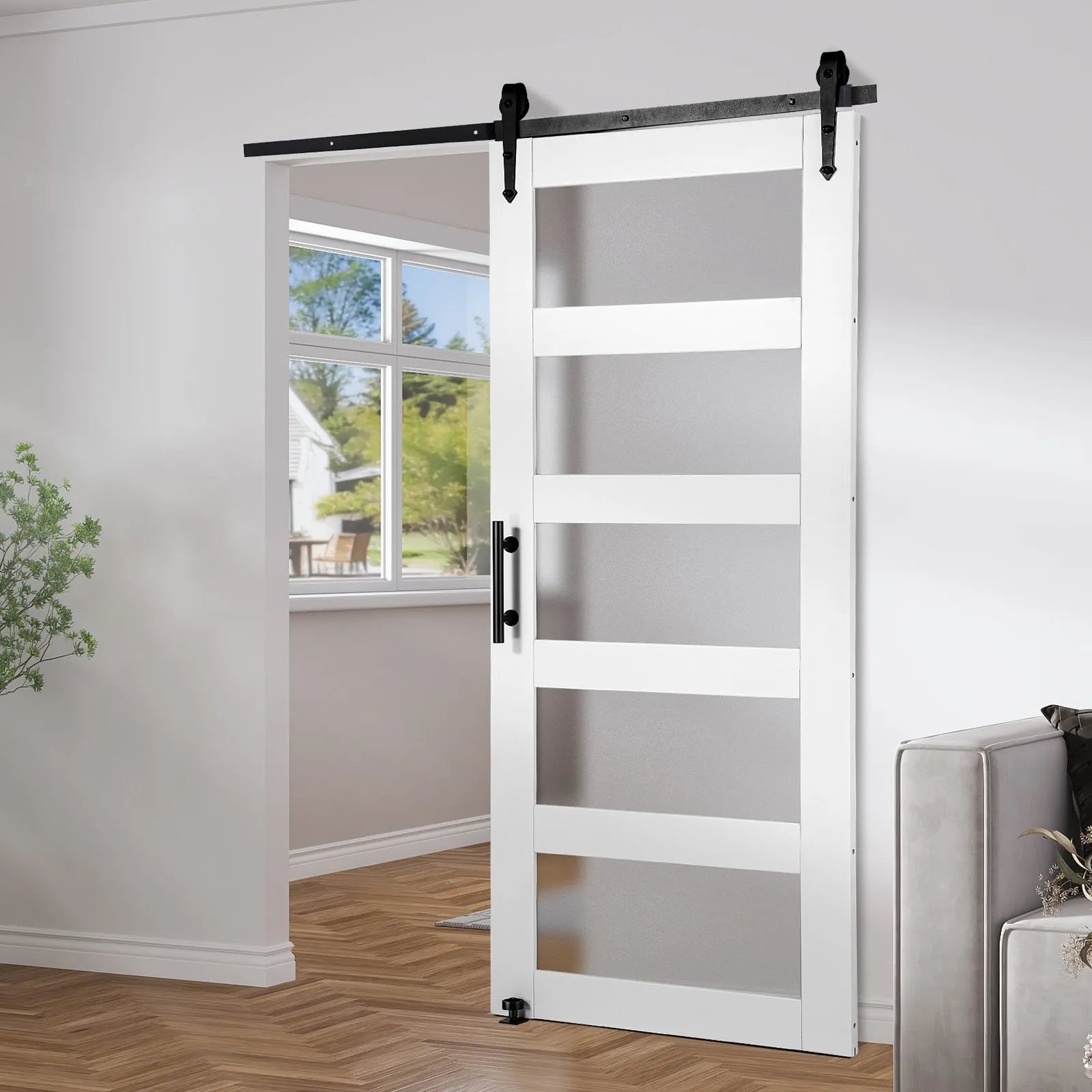 VEVOR Barn Door and Hardware Kit, 42" x 84" Wood and Glass Sliding Barn Door, Smoothly and Quietly, Barn Door Kit with 8-in-1 Floor Guide and Door Handle, Spruce Wood Slab and Frosted Glass