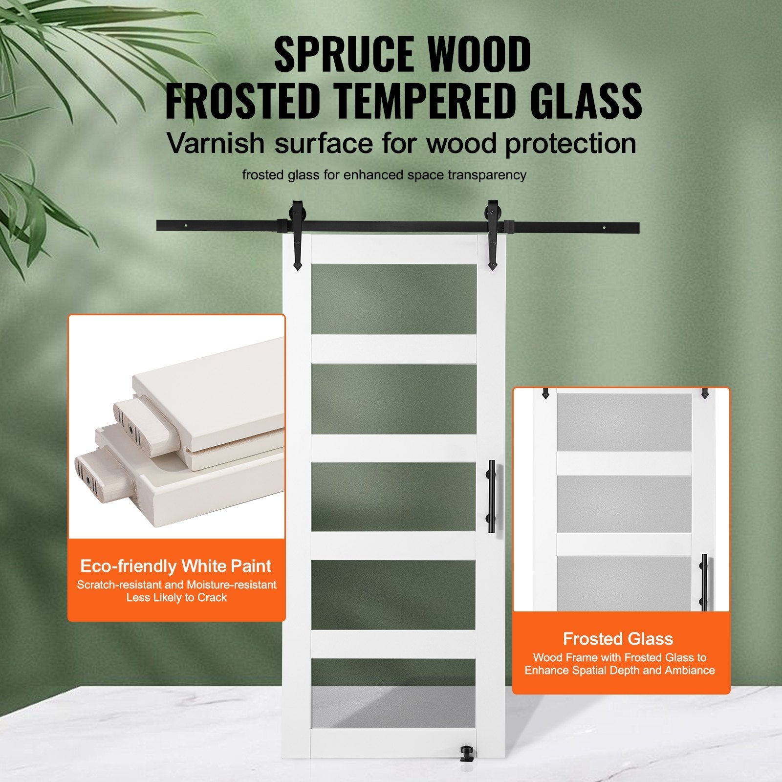 VEVOR Barn Door and Hardware Kit, 36" x 84" Wood and Glass Sliding Barn Door, Smoothly and Quietly, Barn Door Kit with 8-in-1 Floor Guide and Door Handle, Spruce Wood Slab and Frosted Glass