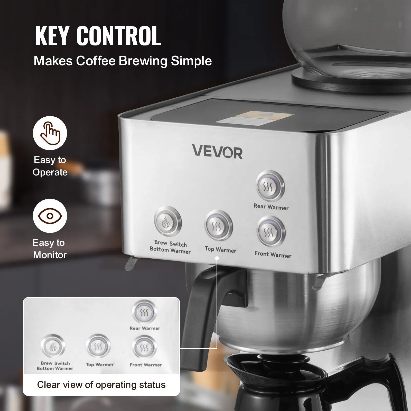 VEVOR Commercial Drip Coffee Maker, 12 Cups Coffee-Maker Machine with 4 Glass Carafes and 4 Decanter Warmer Plates, Stainless Steel Drip Style Coffee Brewer, for Restaurant, Office, Coffee Shop & Home
