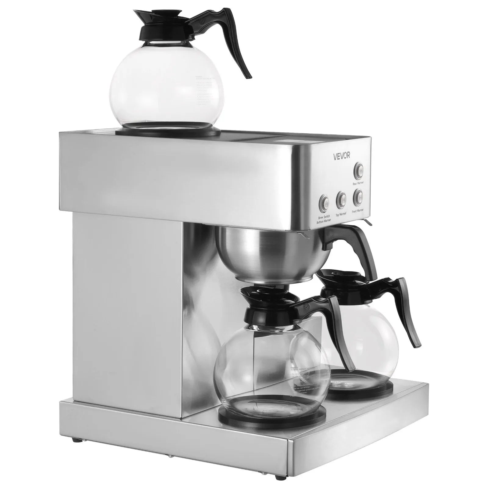 VEVOR Commercial Drip Coffee Maker, 12 Cups Coffee-Maker Machine with 4 Glass Carafes and 4 Decanter Warmer Plates, Stainless Steel Drip Style Coffee Brewer, for Restaurant, Office, Coffee Shop & Home