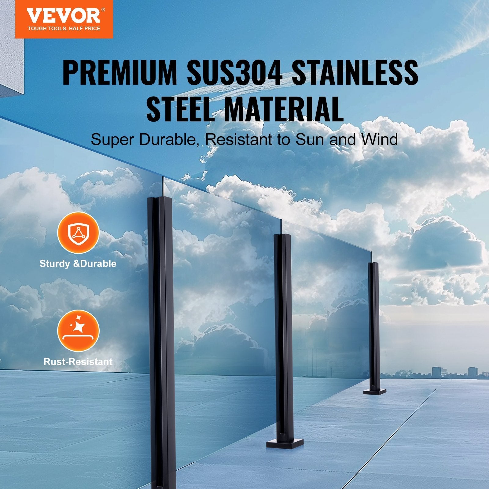 VEVOR Glass Clamp, 37.4" Height Glass Railing Bracket for 0.39 "-0.47 " Thickness Tempered Glass, 304 Stainless Steel Glass Mounting Clamp, Glass Shelf Bracket for Balcony, Garden, Deck, Stair, Black