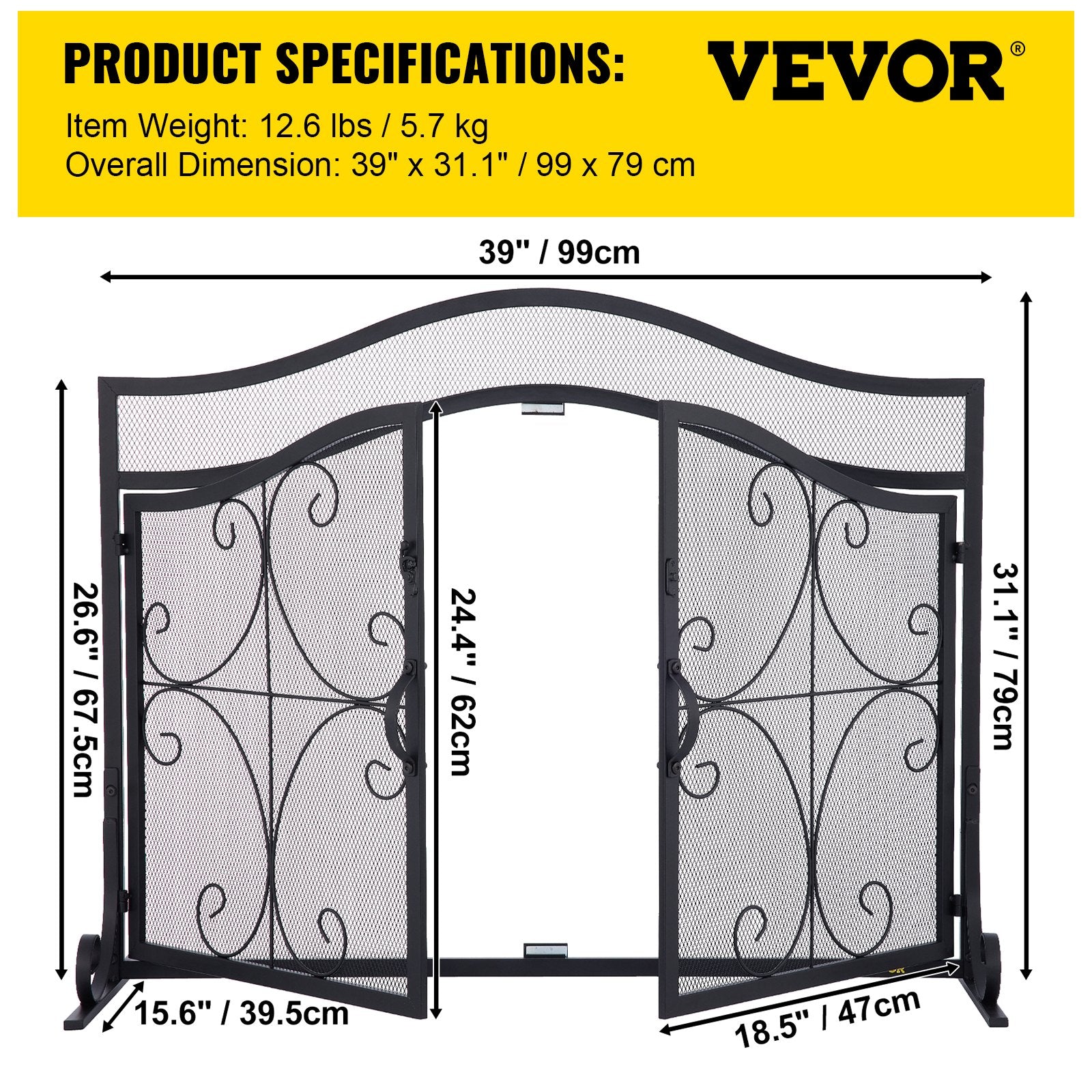 VEVOR Fireplace Screen, 39 x 26.6 Inch, Double Door Iron Freestanding Spark Guard with Support, Metal Mesh Craft, Broom Tong Shovel Poker Included for Fireplace Decoration & Protection, Black