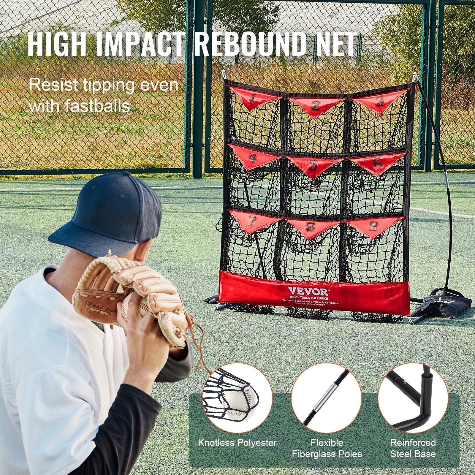 VEVOR 9 Hole Baseball Net, 49"x42" Softball Baseball Training Equipment for Hitting Pitching Practice, Portable Quick Assembly Trainer Aid with Carry Bag, Strike Zone, Ground Stakes, for Youth Adults