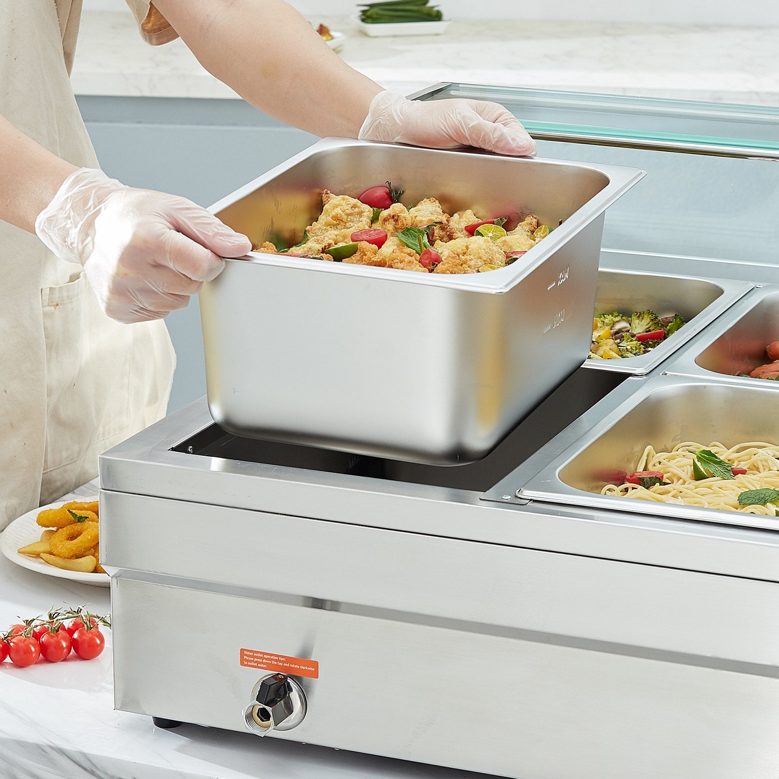 VEVOR 10-Pan Commercial Food Warmer, 10 x 12QT Electric Steam Table with Tempered Glass Cover, 1800W Countertop Stainless Steel Buffet Bain Marie 86-185°F Temp Control for Catering, Restaurant, Silver