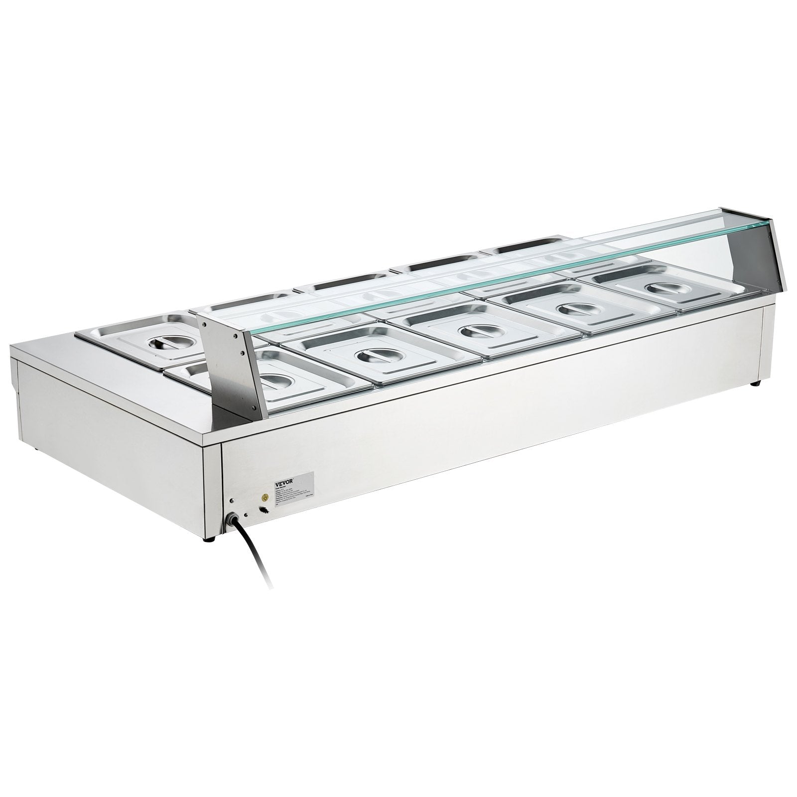 VEVOR 10-Pan Commercial Food Warmer, 10 x 12QT Electric Steam Table with Tempered Glass Cover, 1800W Countertop Stainless Steel Buffet Bain Marie 86-185°F Temp Control for Catering, Restaurant, Silver