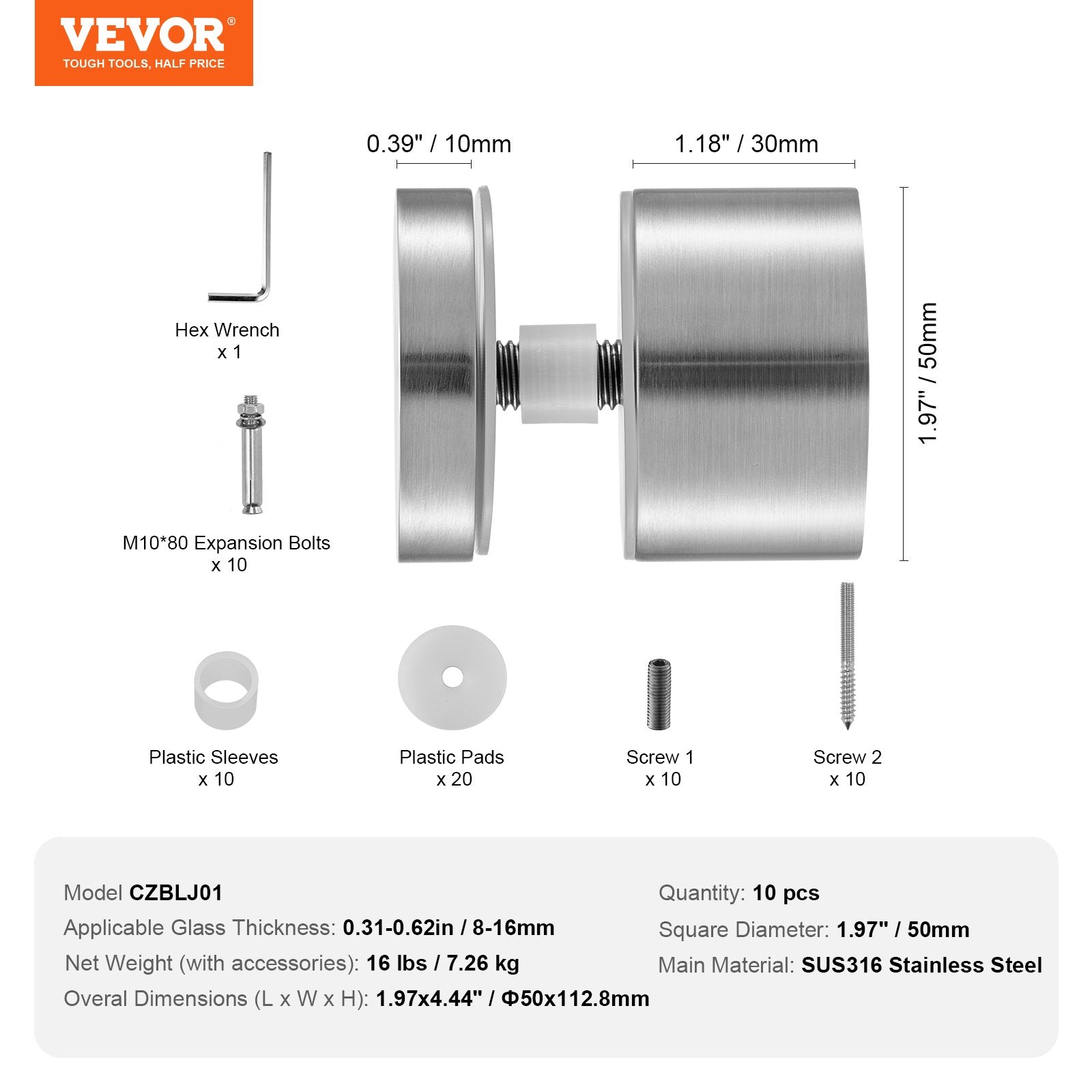 VEVOR Glass Clamp, 10 PCS Round Glass Railing Bracket for 0.31 "-0.62 " Tempered Glass, 316 Stainless Steel Glass Mounting Clamp, Glass Shelf Bracket for Balcony, Garden, Pool, Stair, Silver