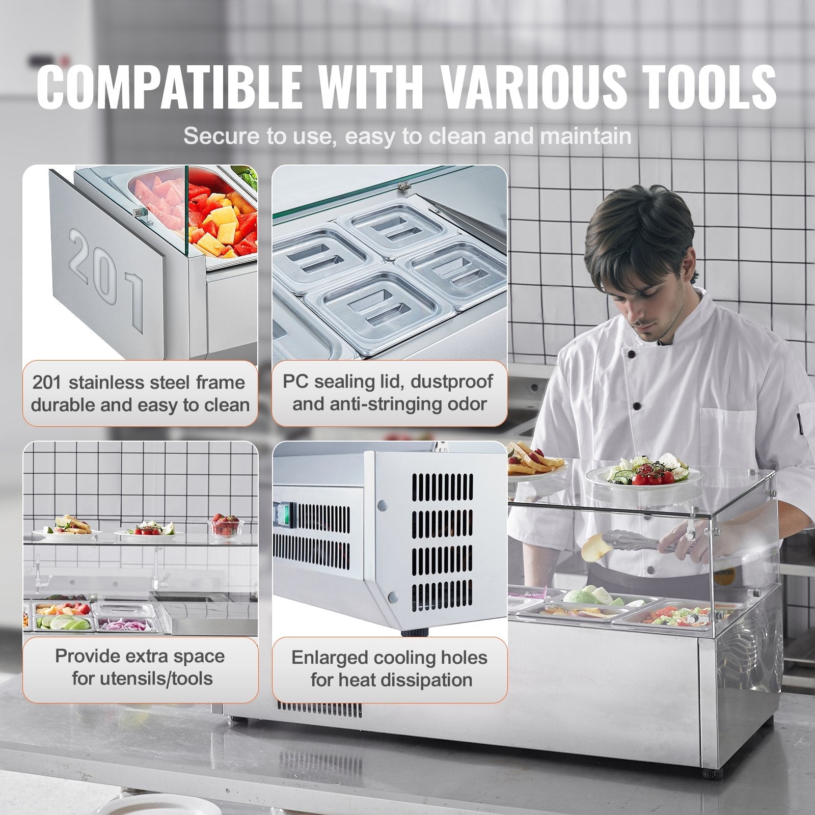 VEVOR Refrigerated Condiment Prep Station, 130 W Countertop Refrigerated Condiment Station, with 1 1/3 Pan & 4 1/6 Pans, 304 Stainless Body and PC Lid, Sandwich Prep Table with Glass Guard, ETL
