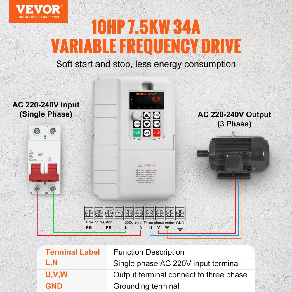 VEVOR VFD 10HP, 7.5KW, 34A, 1 Phase 220V-240V Input to 3 Phase 220V-240V Output Variable Frequency Drive, 0-400Hz VFD for AC Motor Speed Control