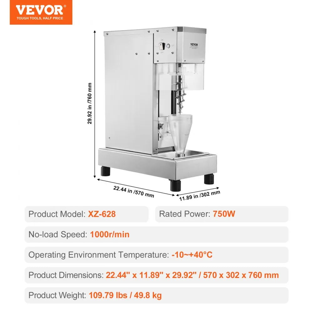 VEVOR Ice Cream Blender 750W Ice Cream Mixer Stir Machine 304 Stainless Steel