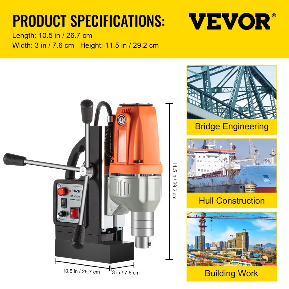 VEVOR Magnetic Drill Magnetic Drilling Machine 980W, Metal Drill Press High Power 680 rpm, Multi-Function Metal Drill Press 35MM Core Drilling Machine for Drilling And Tapping