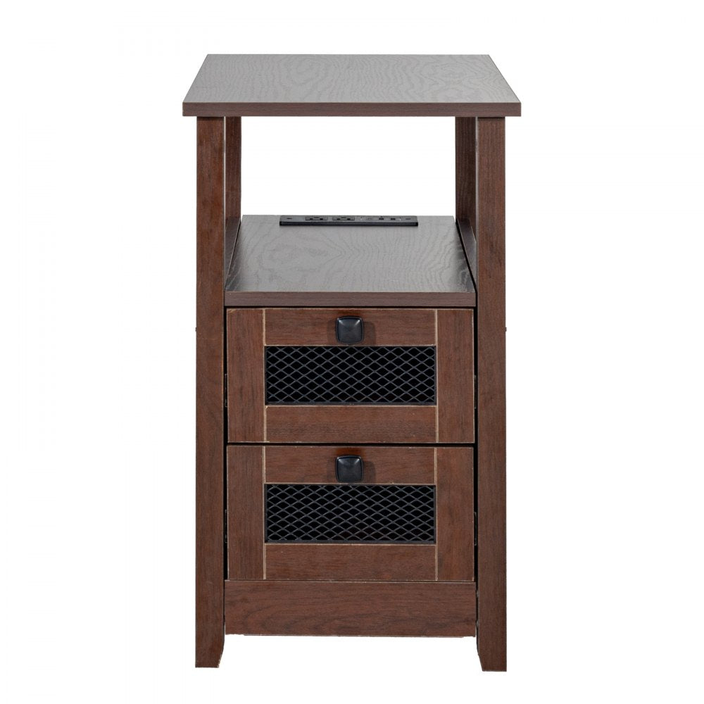 VEVOR Farmhouse End Table Narrow Night Stand with USB Ports and Outlets Brown