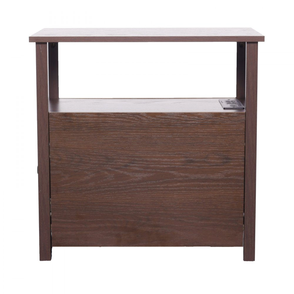 VEVOR Farmhouse End Table Narrow Night Stand with USB Ports and Outlets Brown