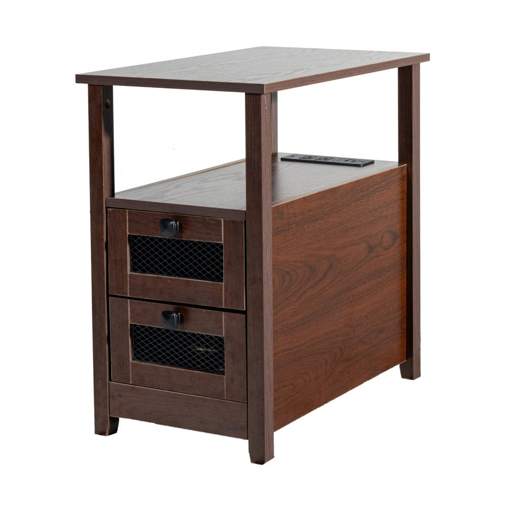 VEVOR Farmhouse End Table Narrow Night Stand with USB Ports and Outlets Brown