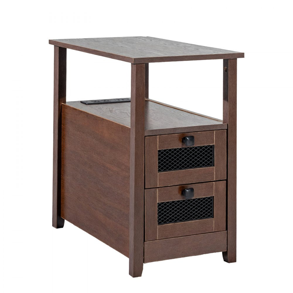 VEVOR Farmhouse End Table Narrow Night Stand with USB Ports and Outlets Brown