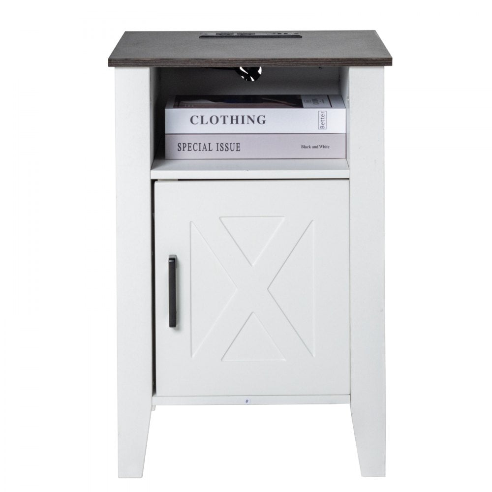 VEVOR Farmhouse End Table Night Stand with USB Outlets LED Light Set of 2 White