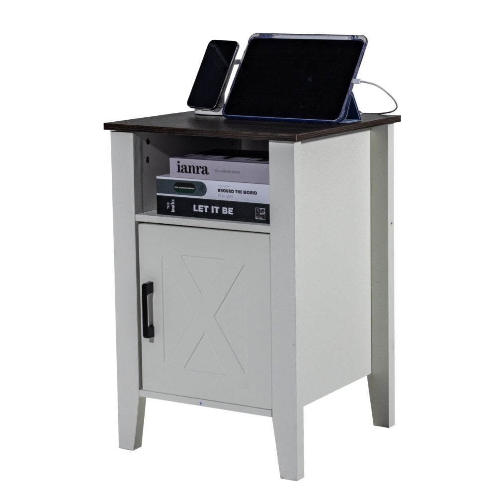 VEVOR Farmhouse End Table Night Stand with USB Outlets LED Light Set of 2 White