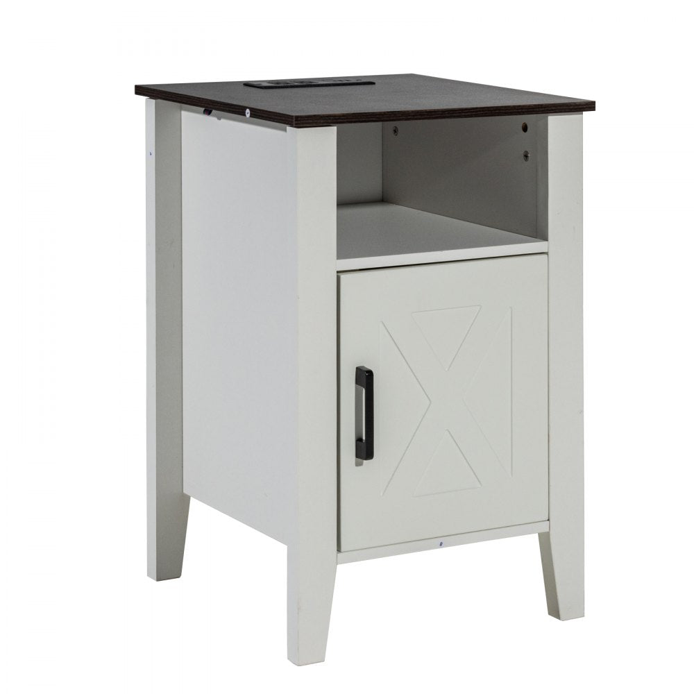 VEVOR Farmhouse End Table Night Stand with USB Outlets LED Light Set of 2 White
