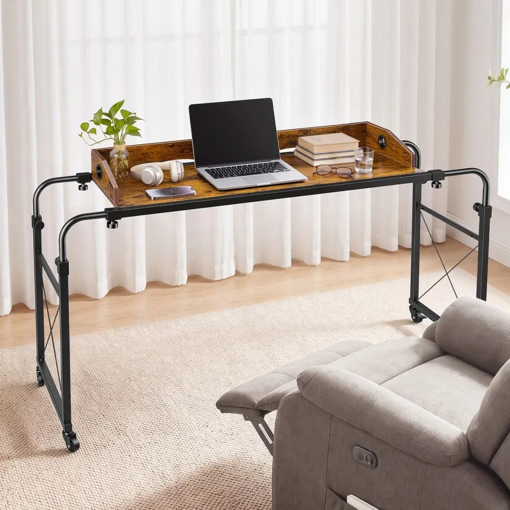 Overbed Table with Adjustable Height & Width, Mobile Rolling Bed Desk with Storage Pocket & Raised Edge – Brown