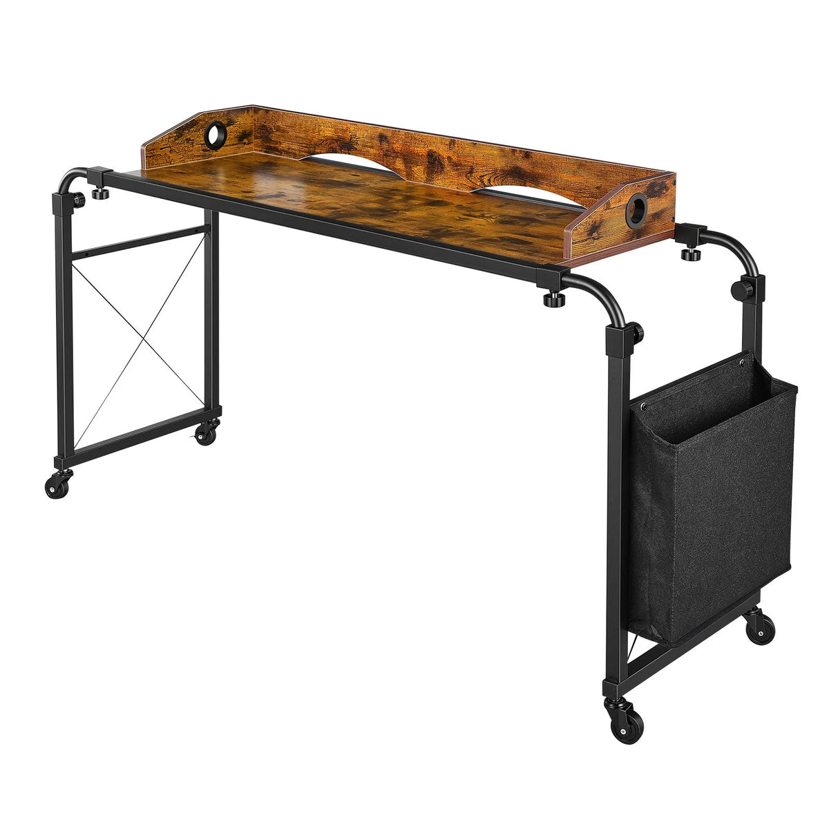 Overbed Table with Adjustable Height & Width, Mobile Rolling Bed Desk with Storage Pocket & Raised Edge – Brown