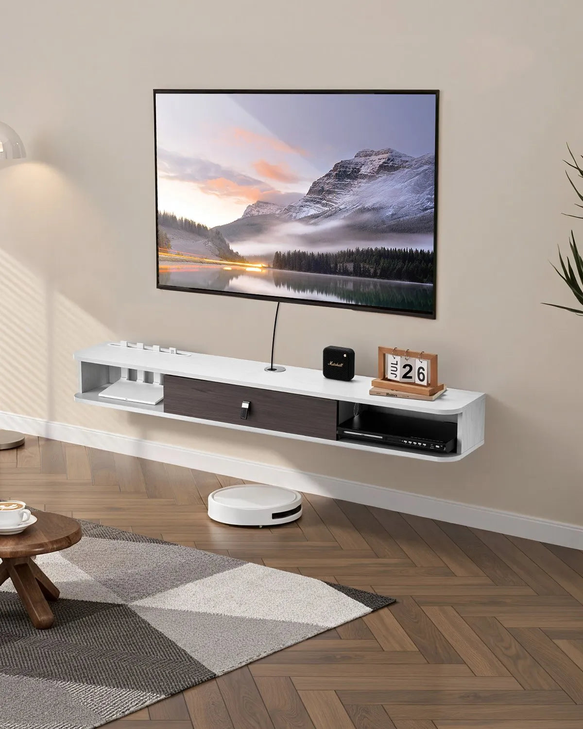 VEVOR Floating TV Stand 55 in Entertainment Center Power with Cable Hole White