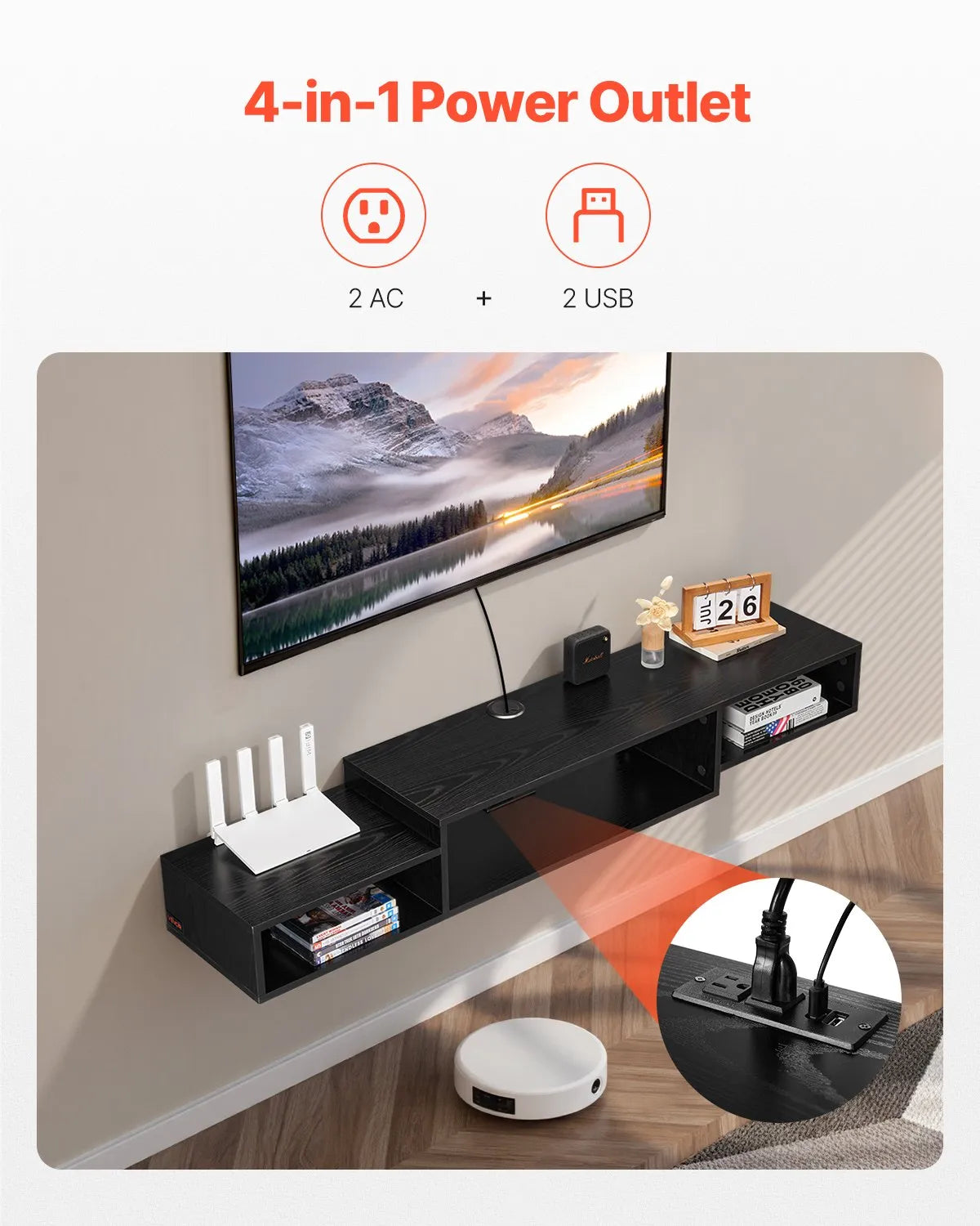 VEVOR Floating TV Stand 59" Entertainment Center Power Outlet & Cable Hole Black