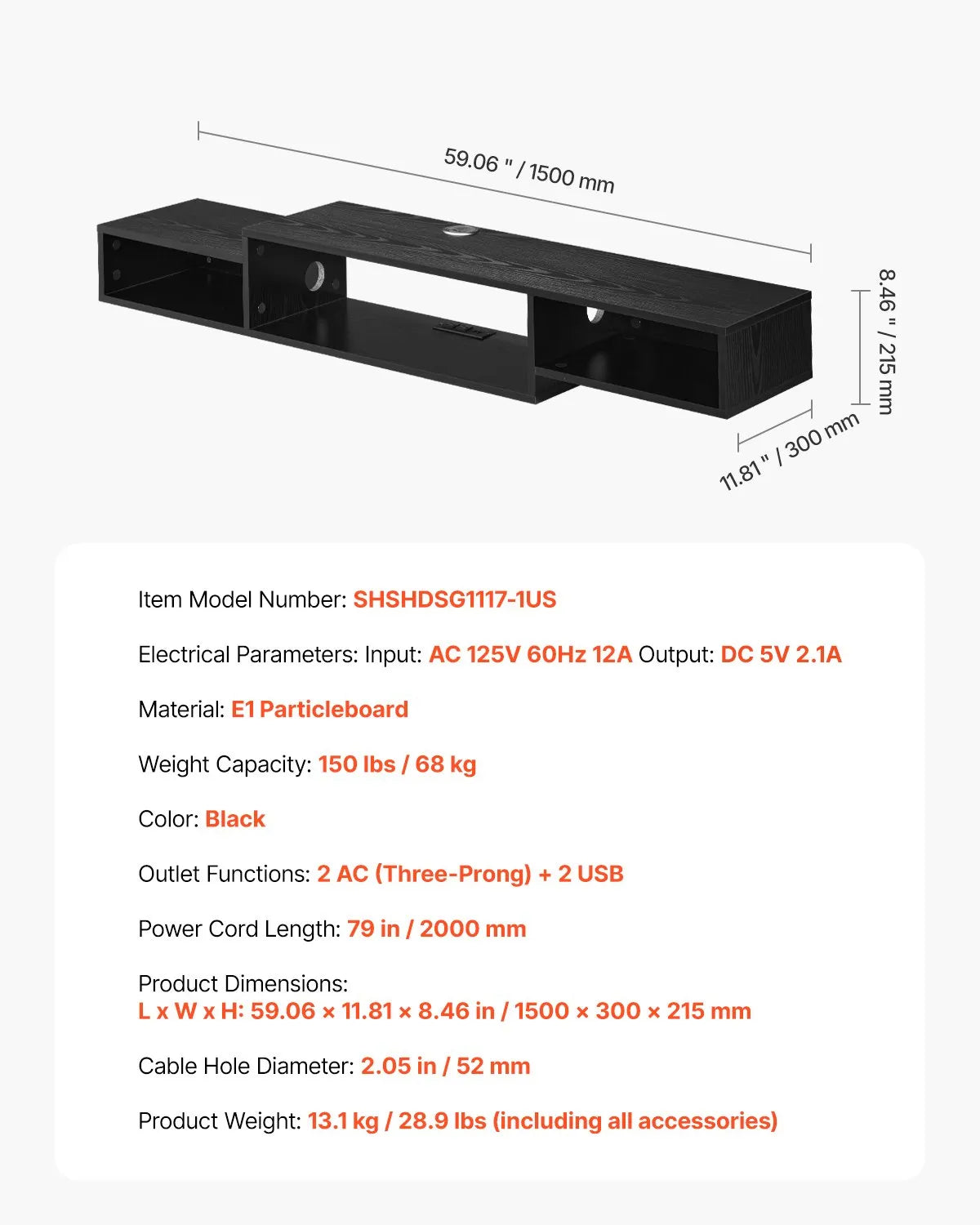 VEVOR Floating TV Stand 59" Entertainment Center Power Outlet & Cable Hole Black