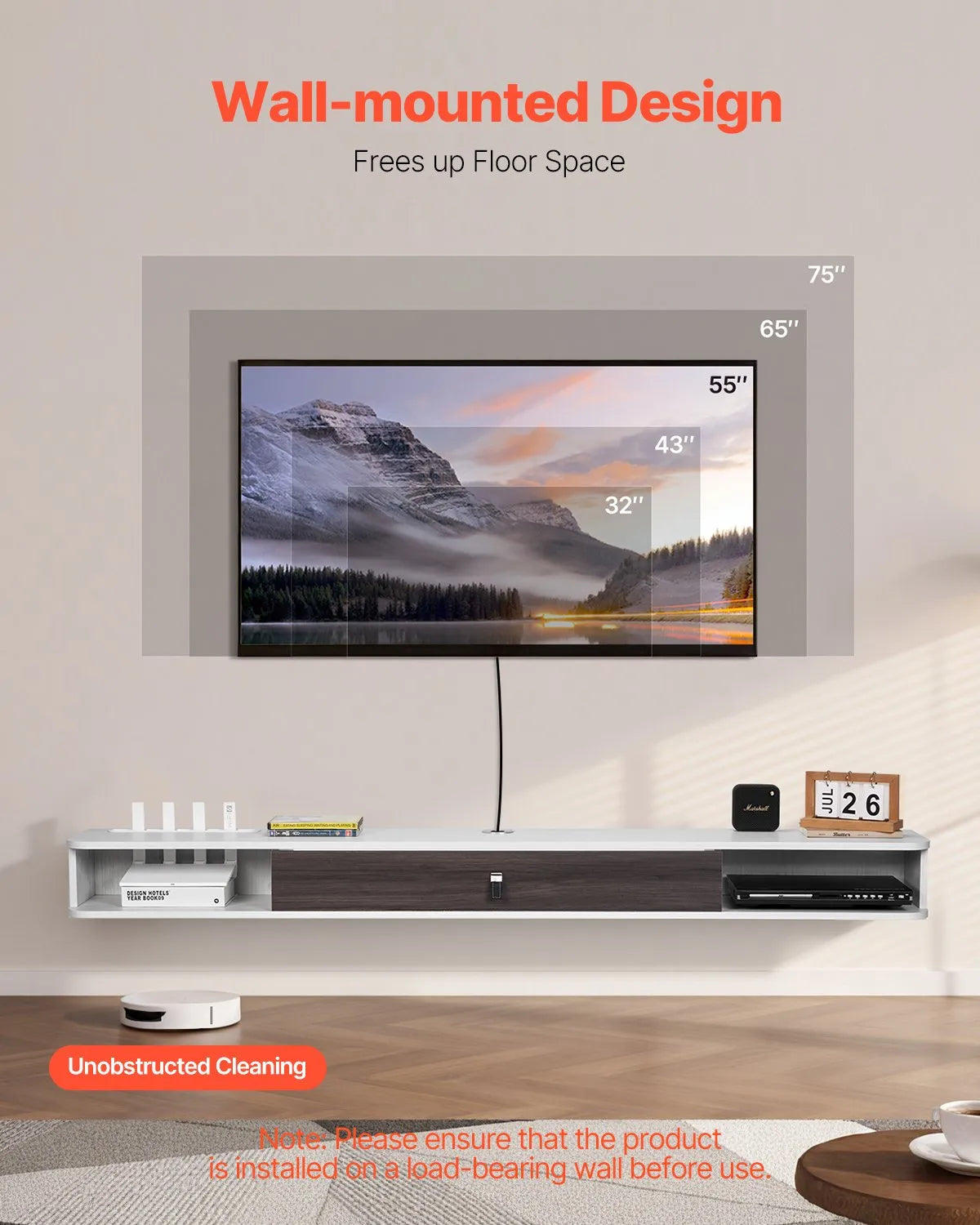 VEVOR Floating TV Stand 70 in Entertainment Center Power with Cable Hole White