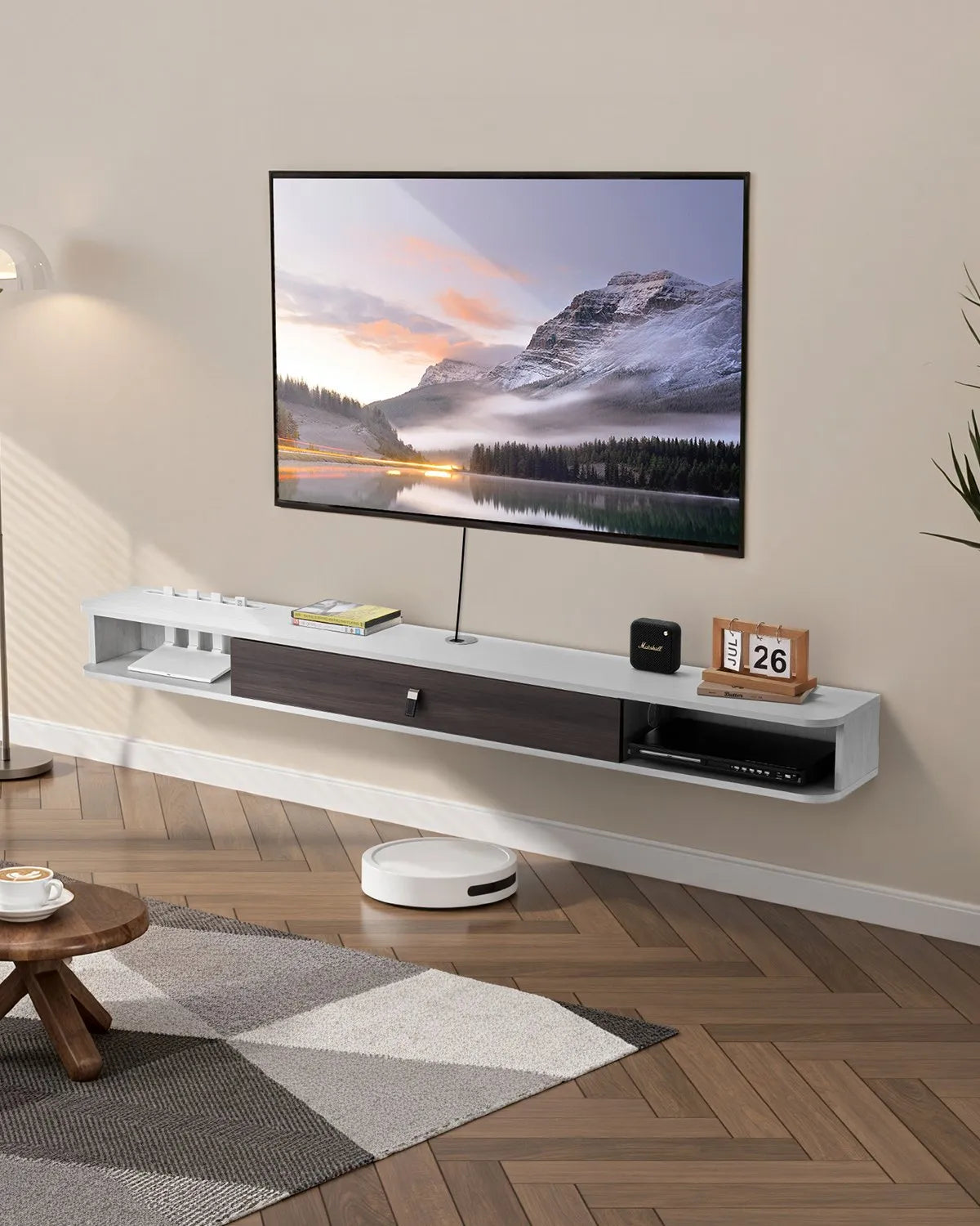 VEVOR Floating TV Stand 70 in Entertainment Center Power with Cable Hole White