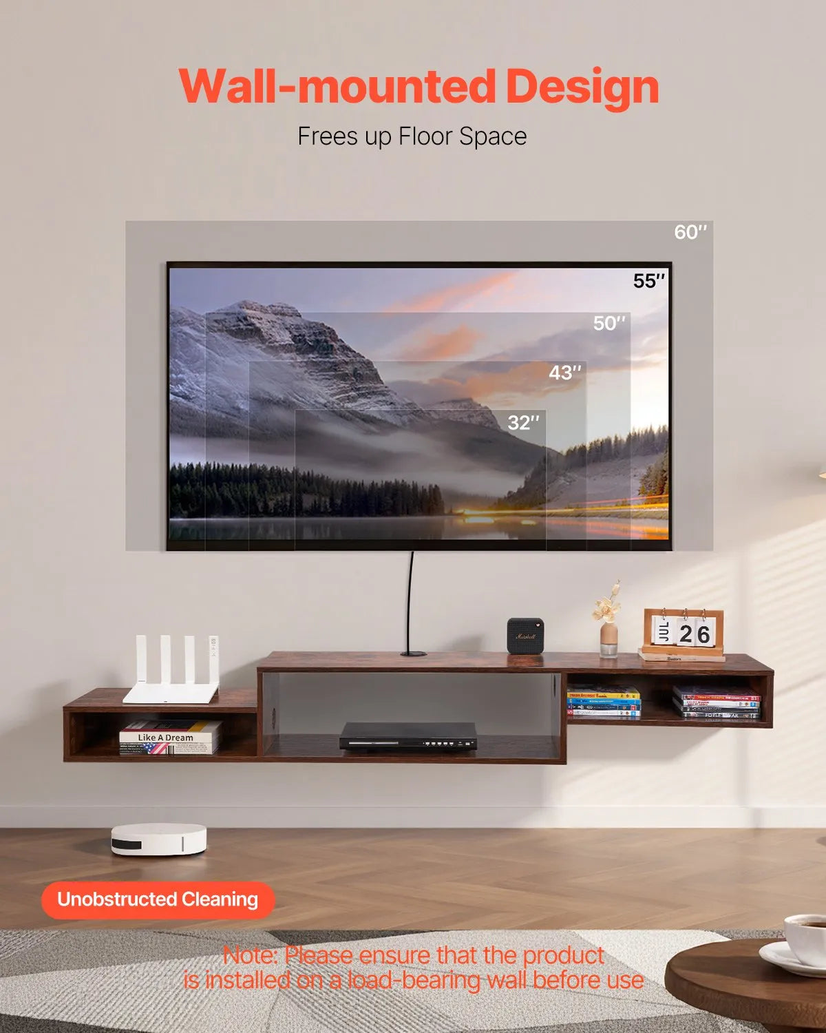 VEVOR Floating TV Stand 70" Entertainment Center Power Outlet & Cable Hole Wood