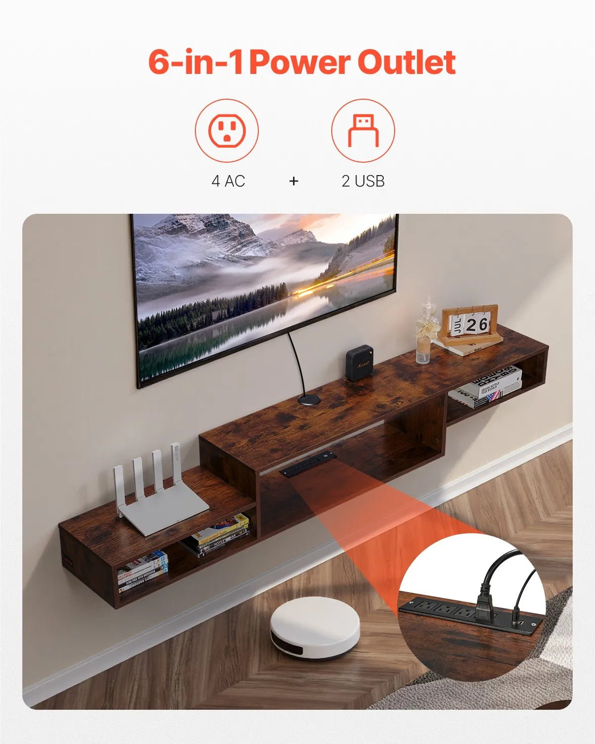 VEVOR Floating TV Stand 70" Entertainment Center Power Outlet & Cable Hole Wood