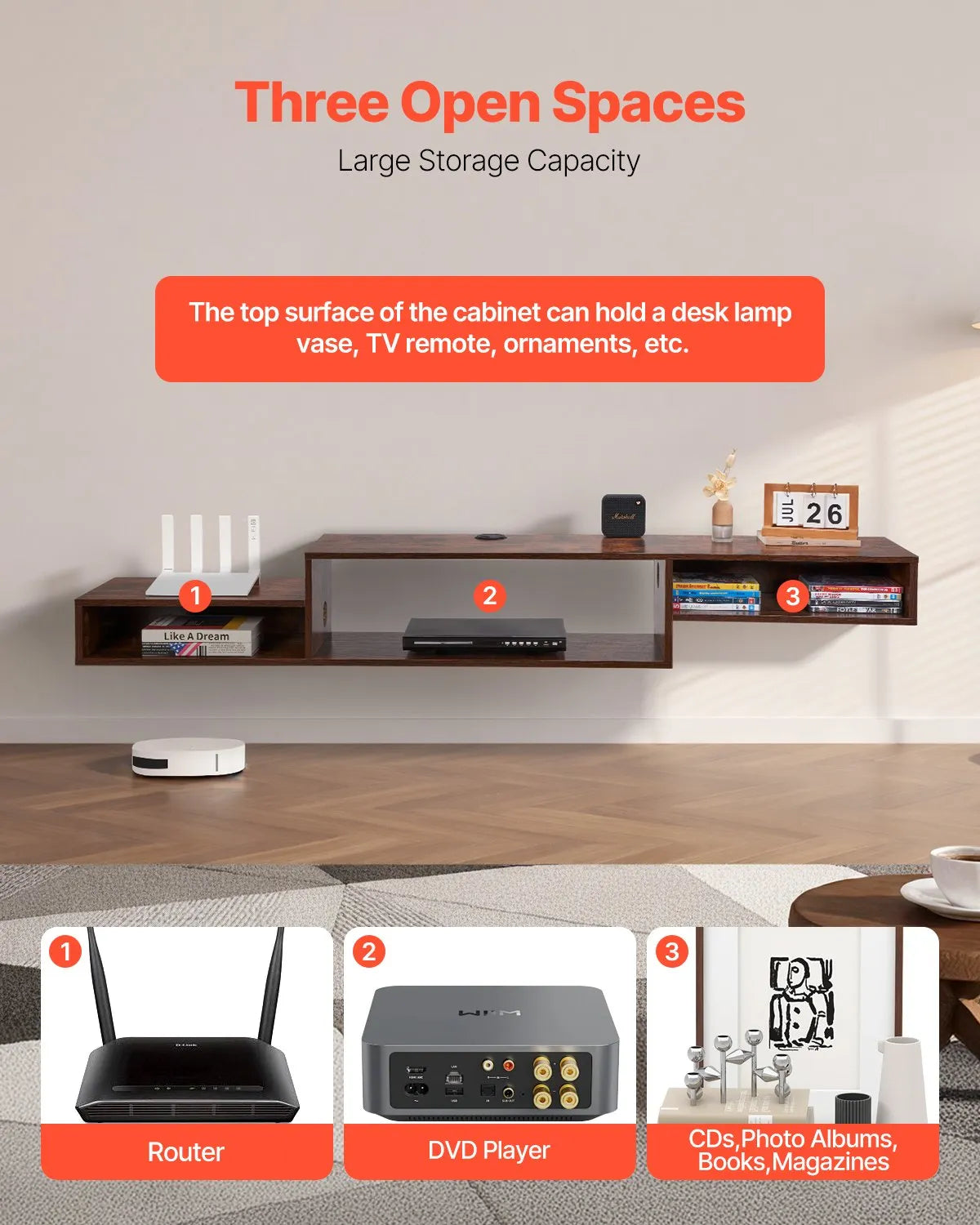 VEVOR Floating TV Stand 70" Entertainment Center Power Outlet & Cable Hole Wood