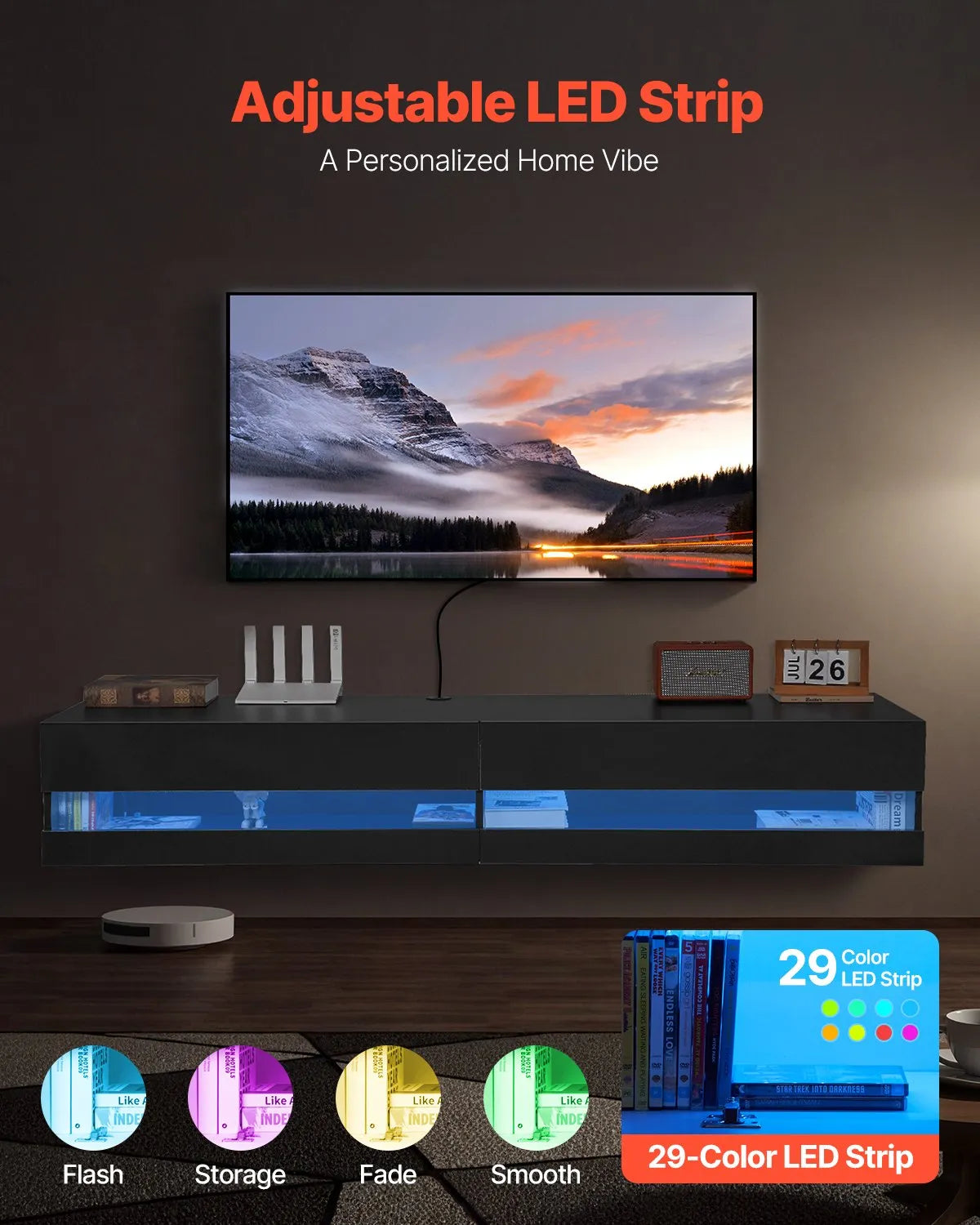 VEVOR Floating TV Stand 71" Entertainment Center Power Outlet & LED Light Black