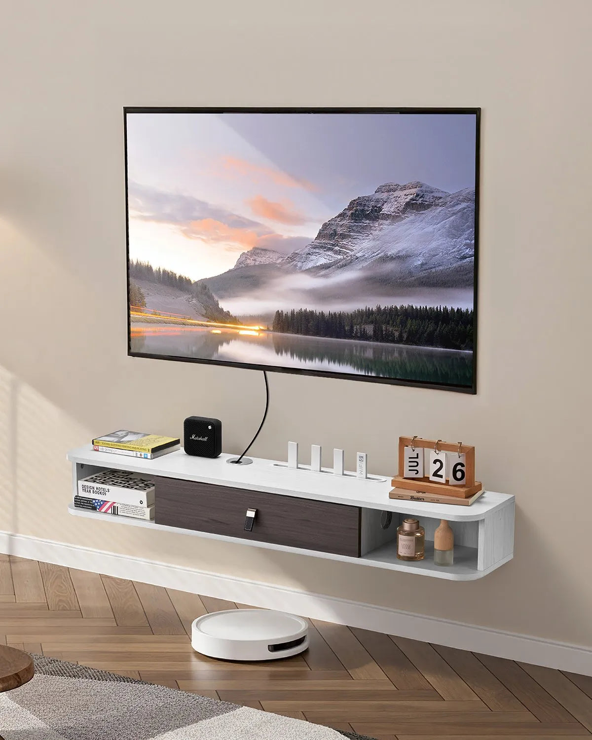 VEVOR Floating TV Stand 47 in Entertainment Center Power with Cable Hole White
