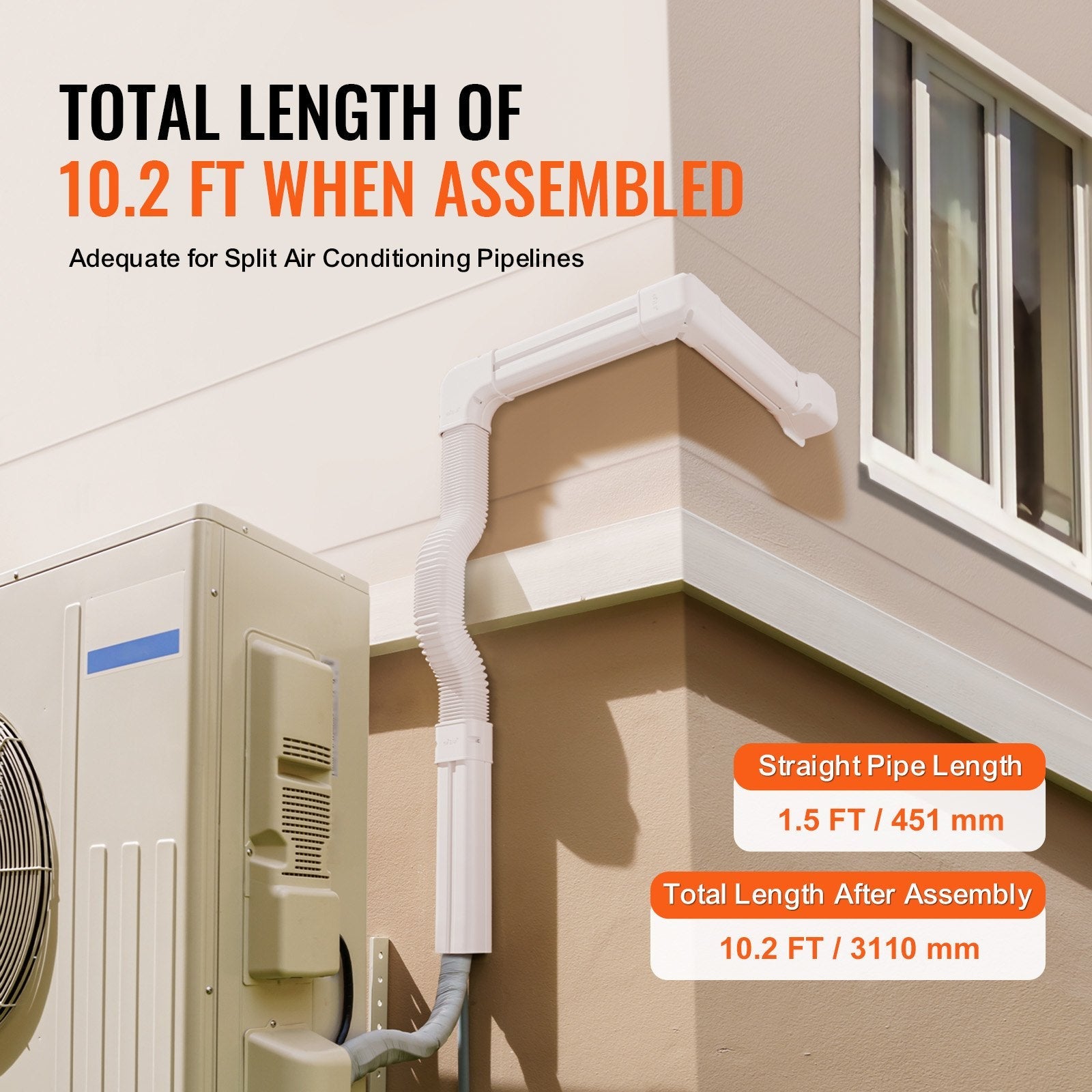 VEVOR Mini Split Line Set Cover 3-inch W 10Ft L, PVC Decorative Pipe Line Cover For Air Conditioner with 5 Straight Ducts & Full Components Easy to Install, Paintable for Heat Pumps, White