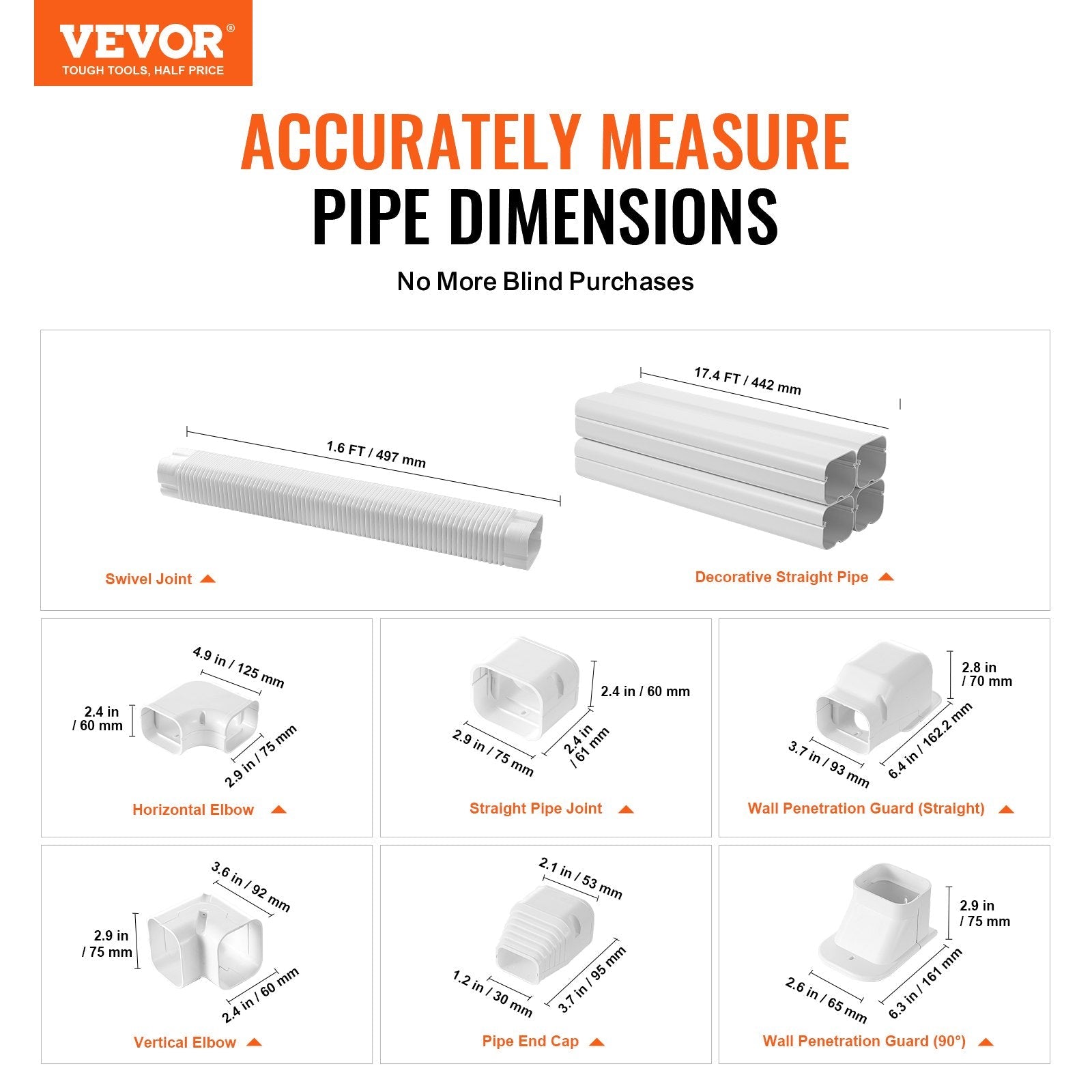 VEVOR Mini Split Line Set Cover 3-inch W 17.7Ft L, PVC Decorative Pipe Line Cover For Air Conditioner with 10 Straight Ducts & Full Components Easy to Install, Paintable for Heat Pumps, White