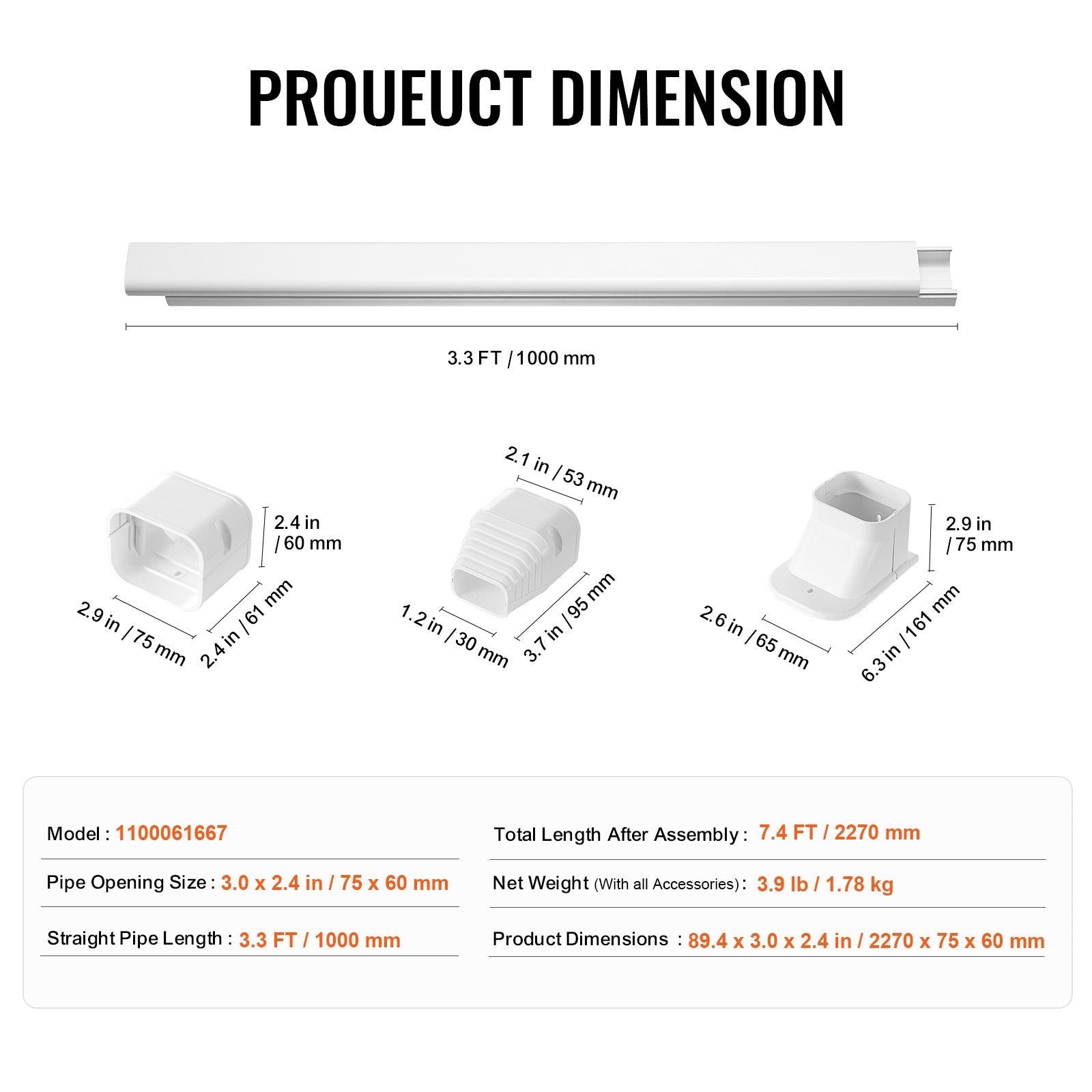 VEVOR Mini Split Line Set Cover 3-inch W 7.4Ft L, PVC Decorative Pipe Line Cover For Air Conditioner with 2 Straight Ducts & Full Components Easy to Install, Paintable for Heat Pumps, White