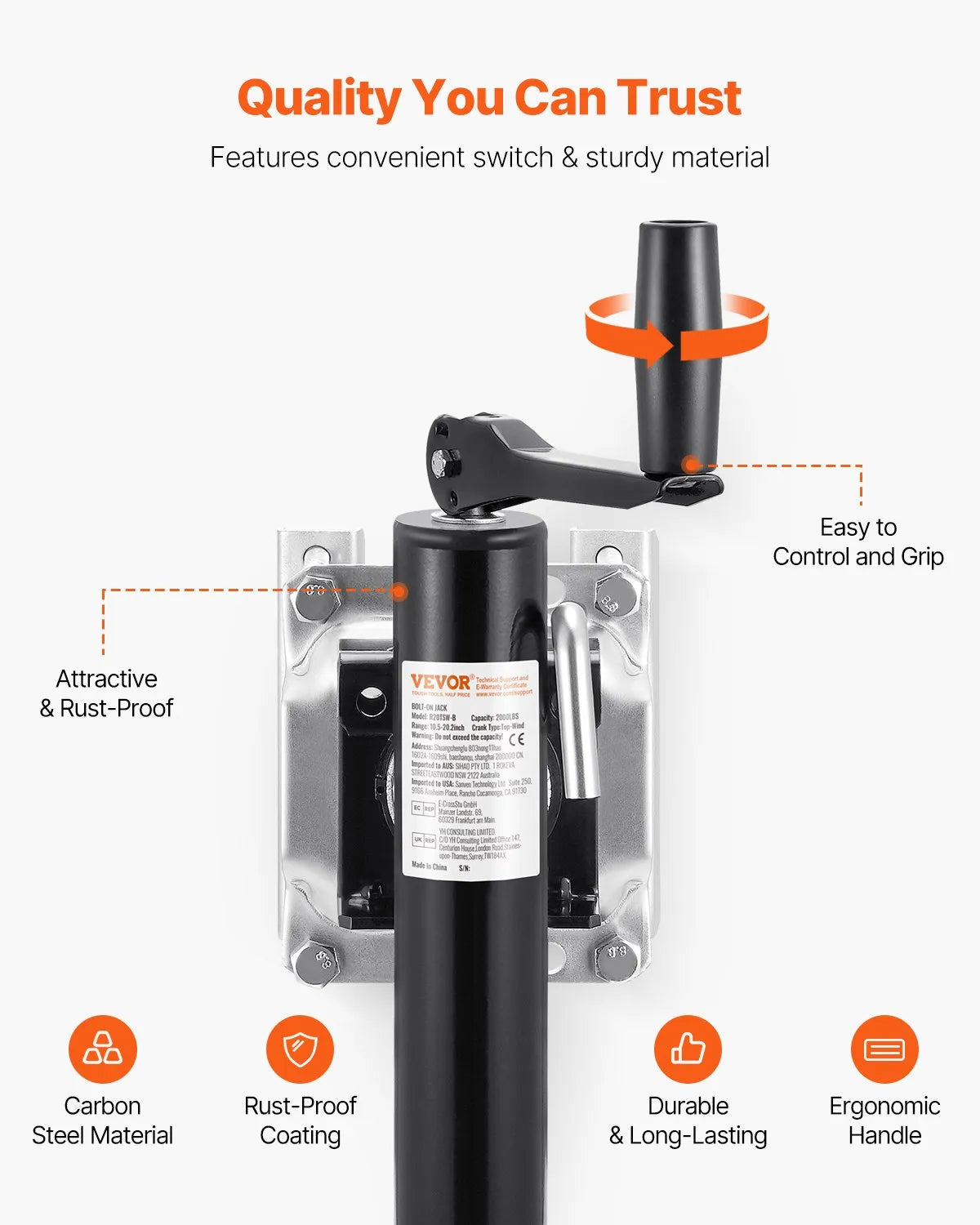 VEVOR Trailer Jack Bolt-on Trailer Tongue Jack 2000 lbs Dynamic Load 10" Travel