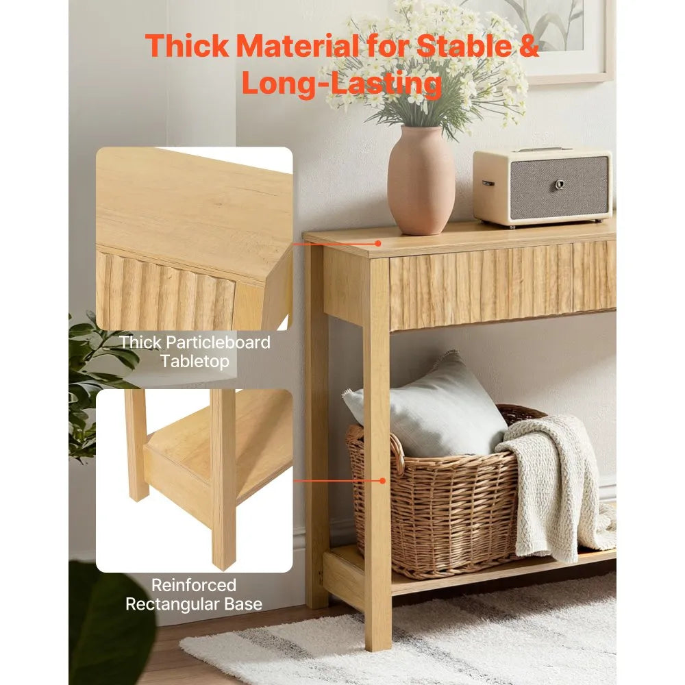VEVOR 47 in Console Table, Farmhouse Desk Behind the Couch with Drawers and Bottom Storage Shelf, Wooden Rectangle Entrance Narrow Sofa Table for Hallway, Bedroom, Living Room, Foyer, Burlywood