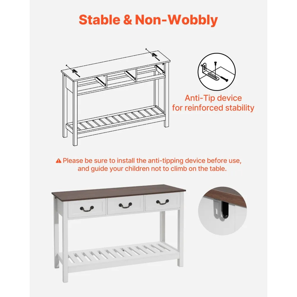 VEVOR 47 in Console Table, Farmhouse Desk Behind the Couch with Drawers and Bottom Storage Shelf, Wooden Rectangle Entrance Narrow Sofa Table for Hallway, Bedroom, Living Room, Foyer, Brown + White