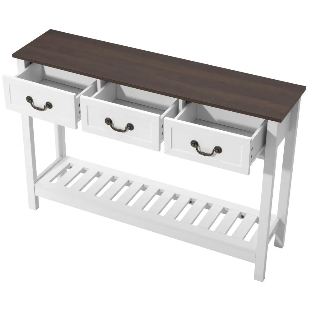 VEVOR 47 in Console Table, Farmhouse Desk Behind the Couch with Drawers and Bottom Storage Shelf, Wooden Rectangle Entrance Narrow Sofa Table for Hallway, Bedroom, Living Room, Foyer, Brown + White