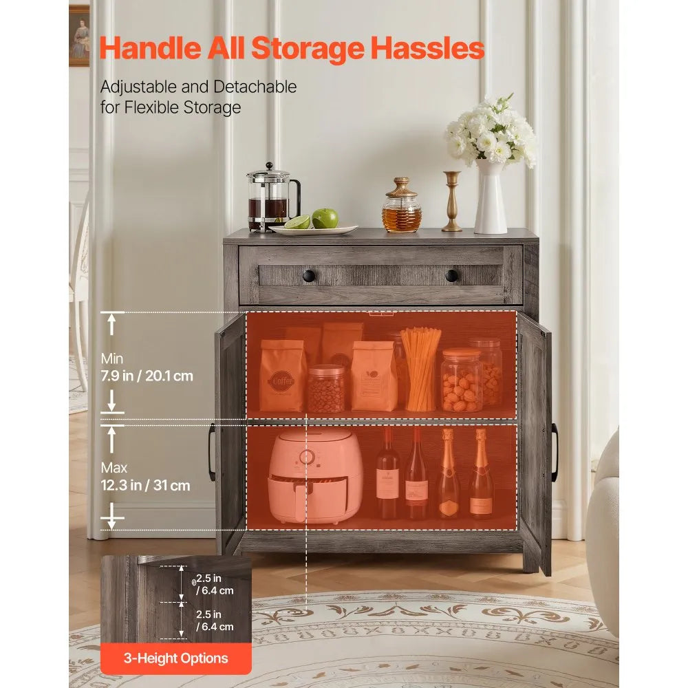 VEVOR Coffee Bar Cabinet with Drawer & Barn Doors – Farmhouse Buffet Storage Cabinet, Grey