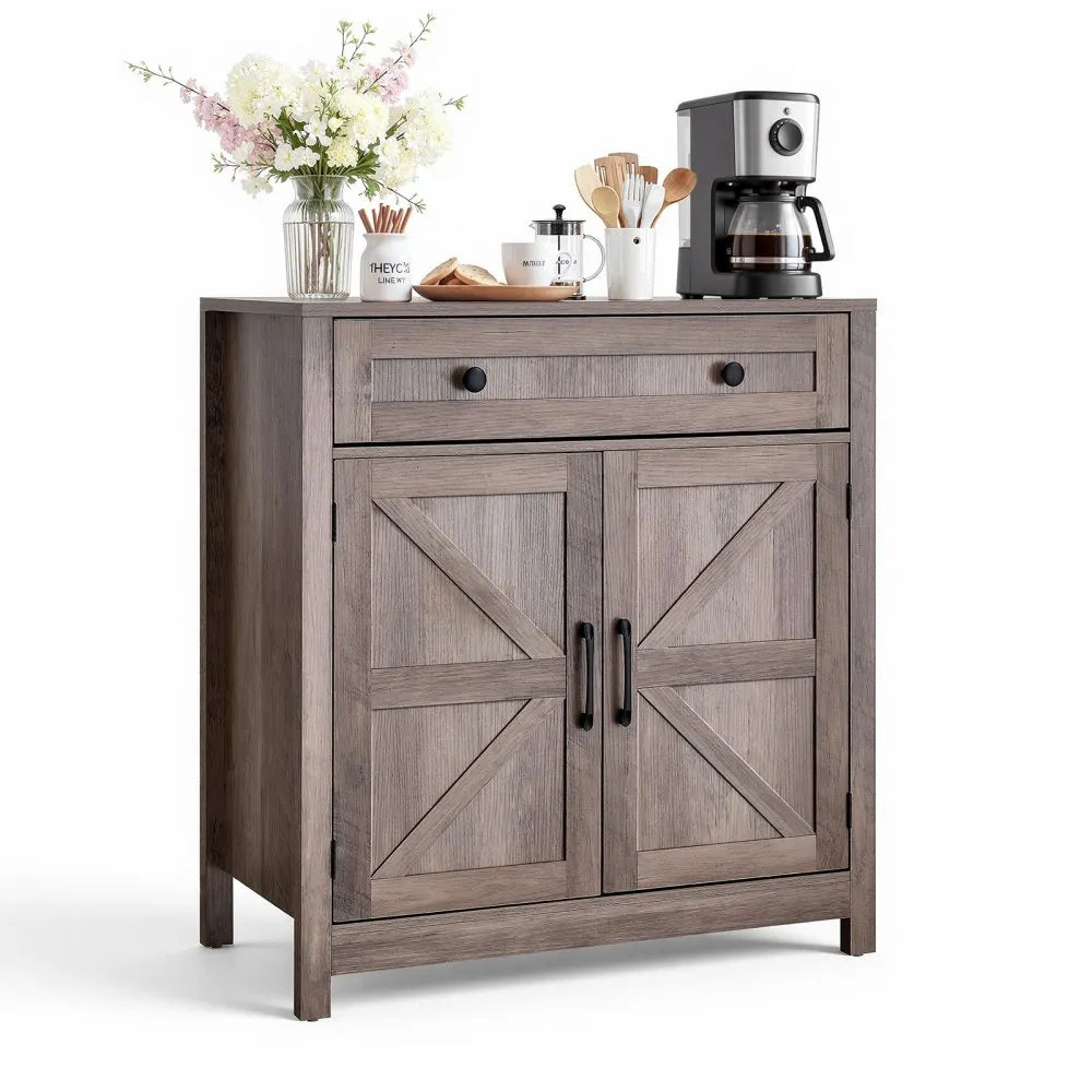 VEVOR Coffee Bar Cabinet with Drawer & Barn Doors – Farmhouse Buffet Storage Cabinet, Grey